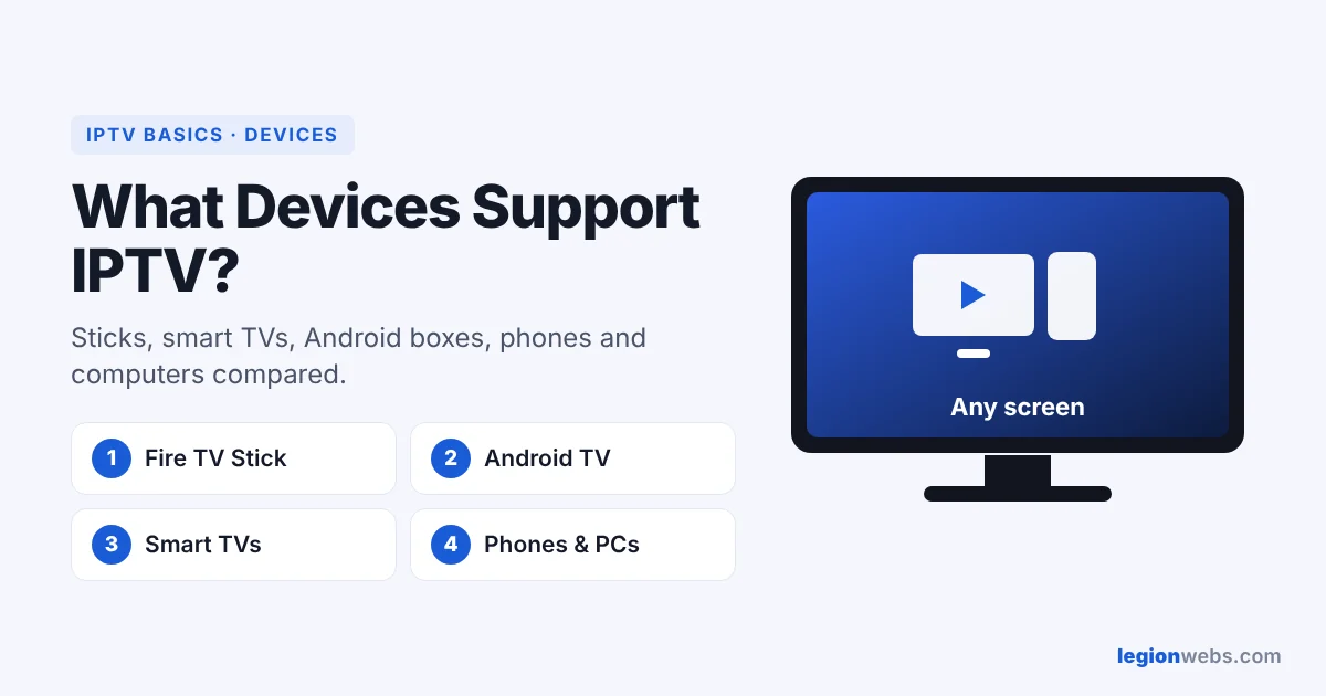 IPTV devices: Fire TV Stick, smart TV, Android TV, phone and computer