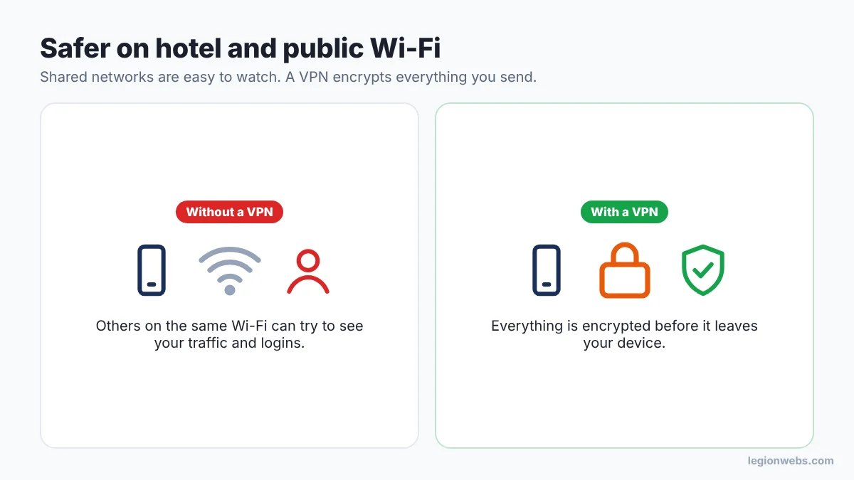 Public Wi-Fi without a VPN versus with a VPN: traffic is encrypted before it leaves the device