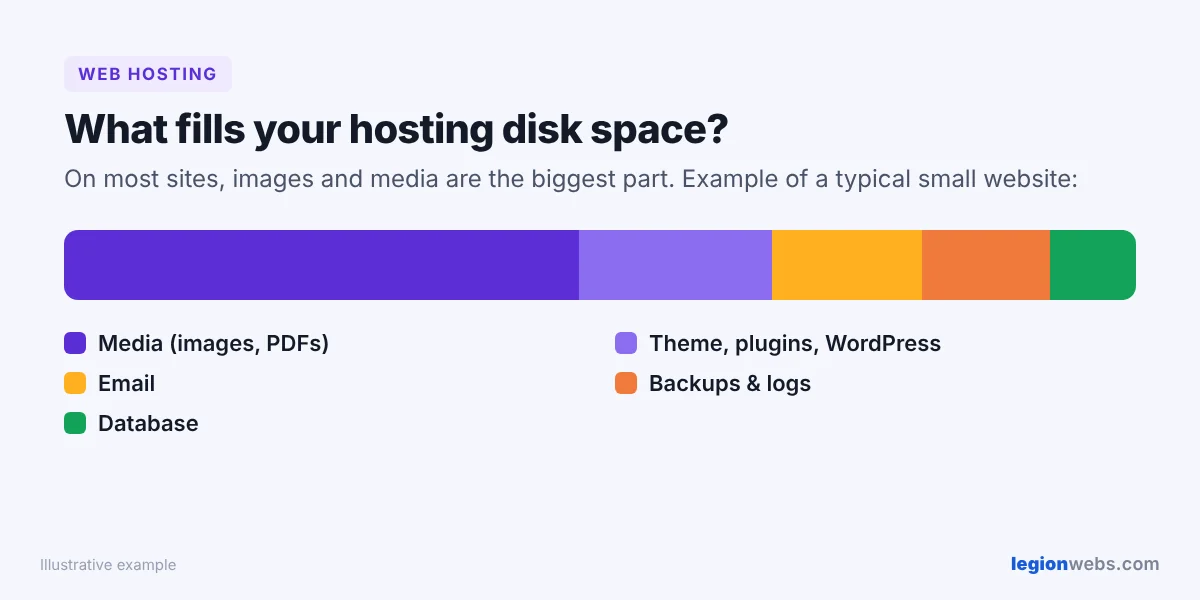 What uses disk space in web hosting: media, website files, email, backups and database