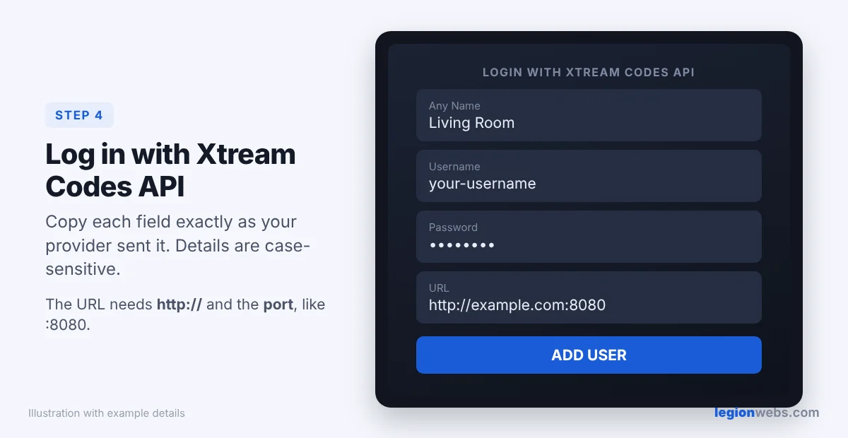 Xtream Codes API login screen in IPTV Smarters Pro with example details